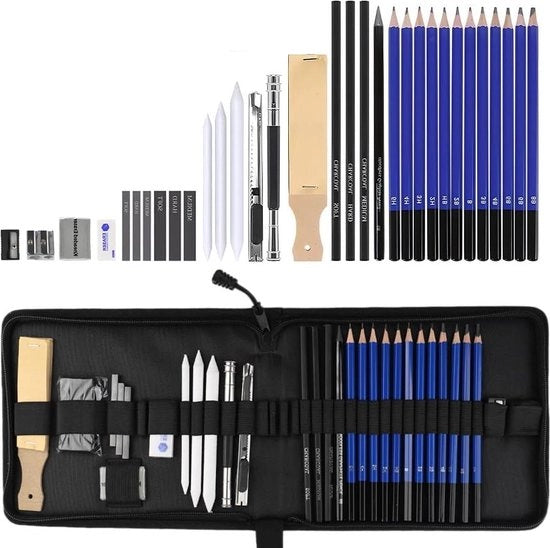 Set di matite a grafite 33 pezzi con cappuccio in legno di carbone, tasca di stoccaggio pratica con chiusura a zip per artisti, principianti, adulti e bambini