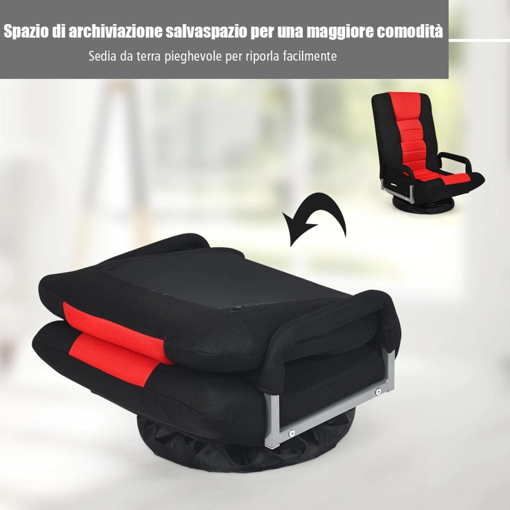 Poltrona Relax da Pavimento, Sedia da Pavimento Pieghevole, Sedia da Terra Girevole a 360°, per Salotto Camera da Letto, Portata 140 kg (Rosso)