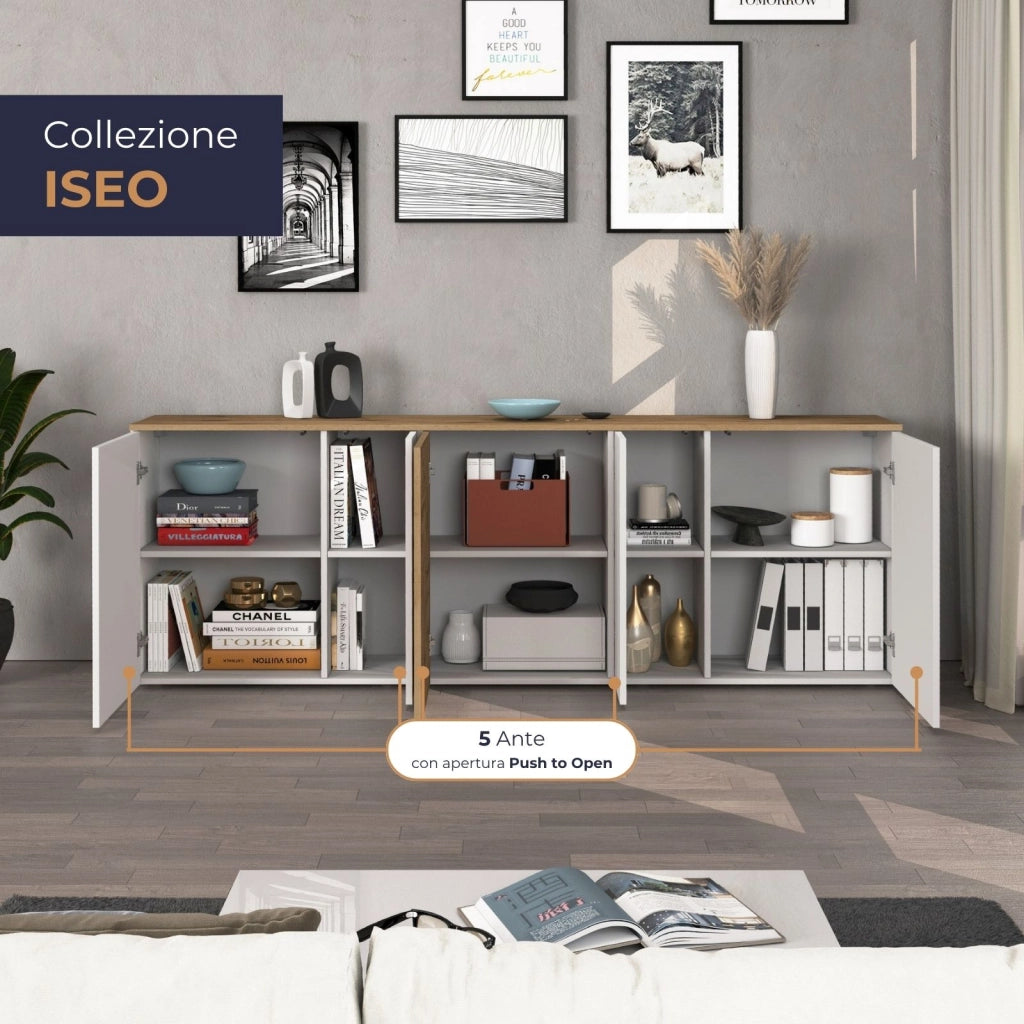 WHOUS Credenza sospesa Iseo con 5 ante e 10 scomparti interni bianco lucido e rovere 200x35x70 cm