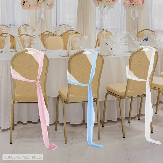 Decorazione per Sedia con Tulle, 20x275 cm, Blu/Rosso/Bianco, Sash di Tulle, Decorazione per Sediola, Tulle, Decorazione per Matrimonio, 10 pezzi