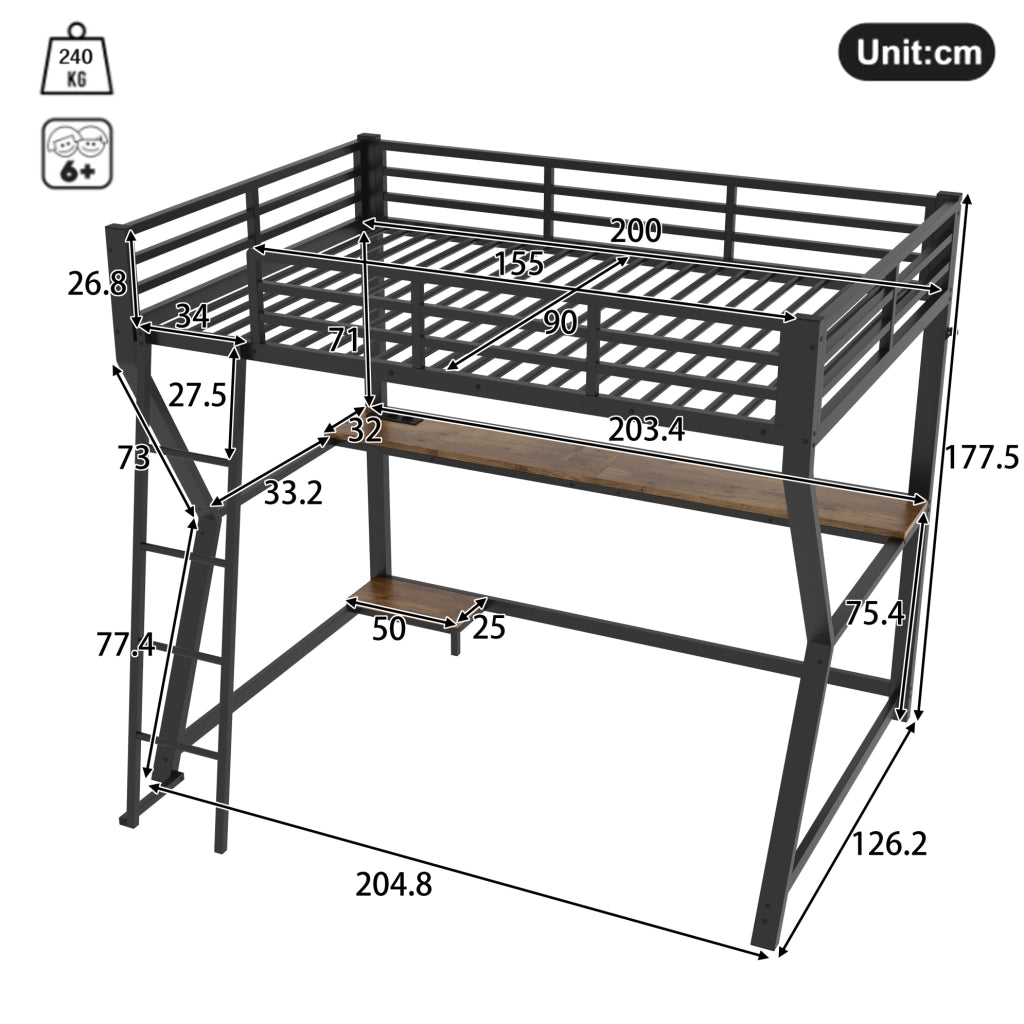 Letto a soppalco 90x200 cm in metallo e MDF con scrivania; luce ambiente e USB; nero