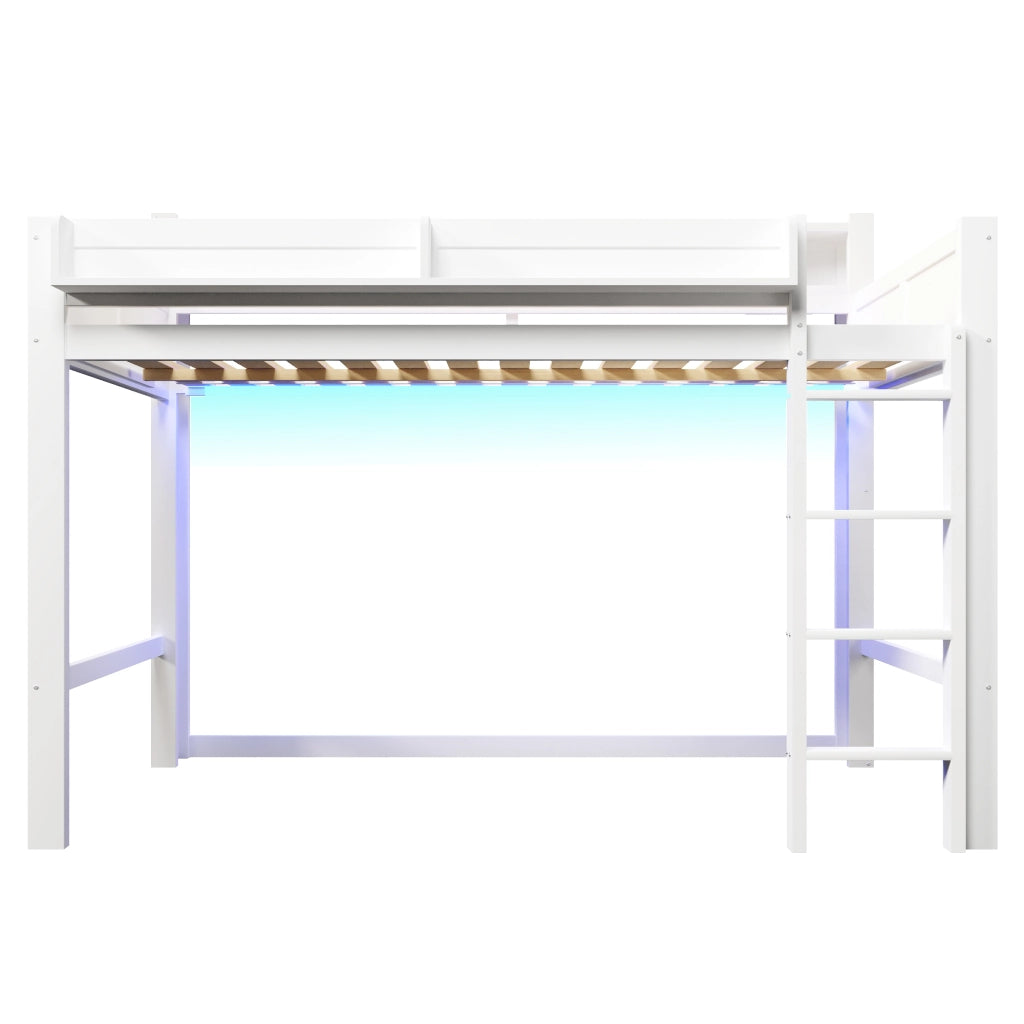 Letto a soppalco 140x200 cm, letto per bambini in legno, con vano portaoggetti, illuminazione a LED, porta USB, bianco