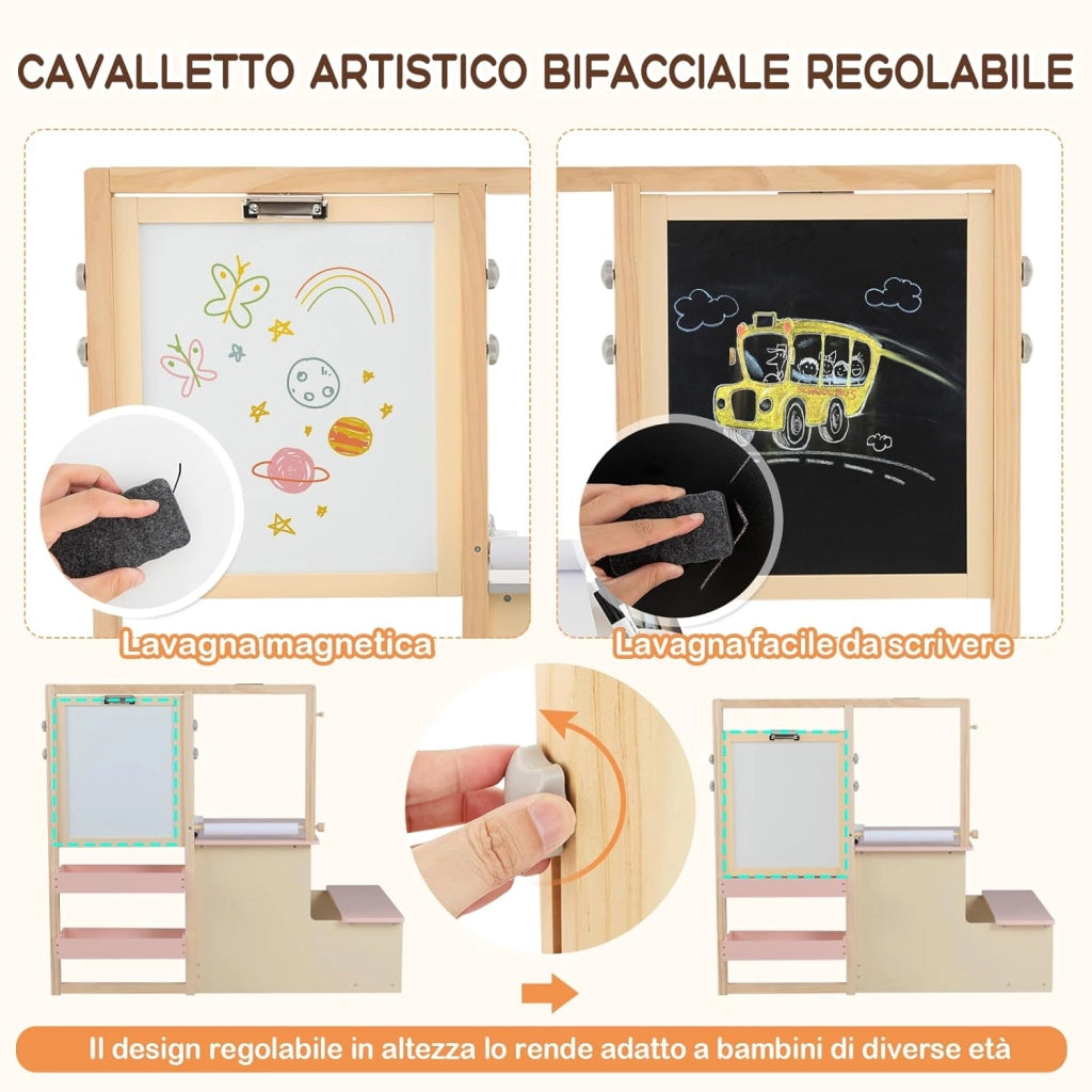 Set 3 in 1 Tavolo e Sedie per Bambini 3+ Anni, Tavolo in Legno Sicuro con Lavagna Cancellabile, Magnetica, Cavalletto Regolabile, Libreria e Accessori Artistici, per Disegno (Rosa)
