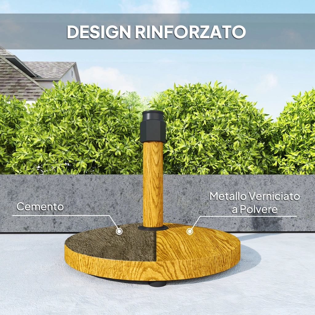 Base per Ombrellone a 4 Ruote con Freni, in Cemento e Metallo, ?48x44 cm, Color Legno