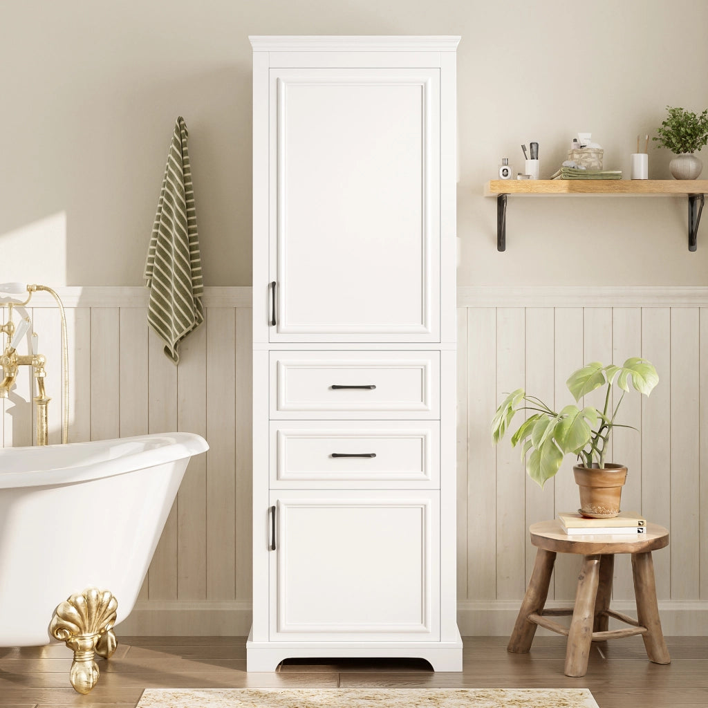 Armadietto da bagno con 2 cassetti, 2 ante e ripiani aperti, in MDF, per bagno, bianco, 60 × 40 × 180 cm