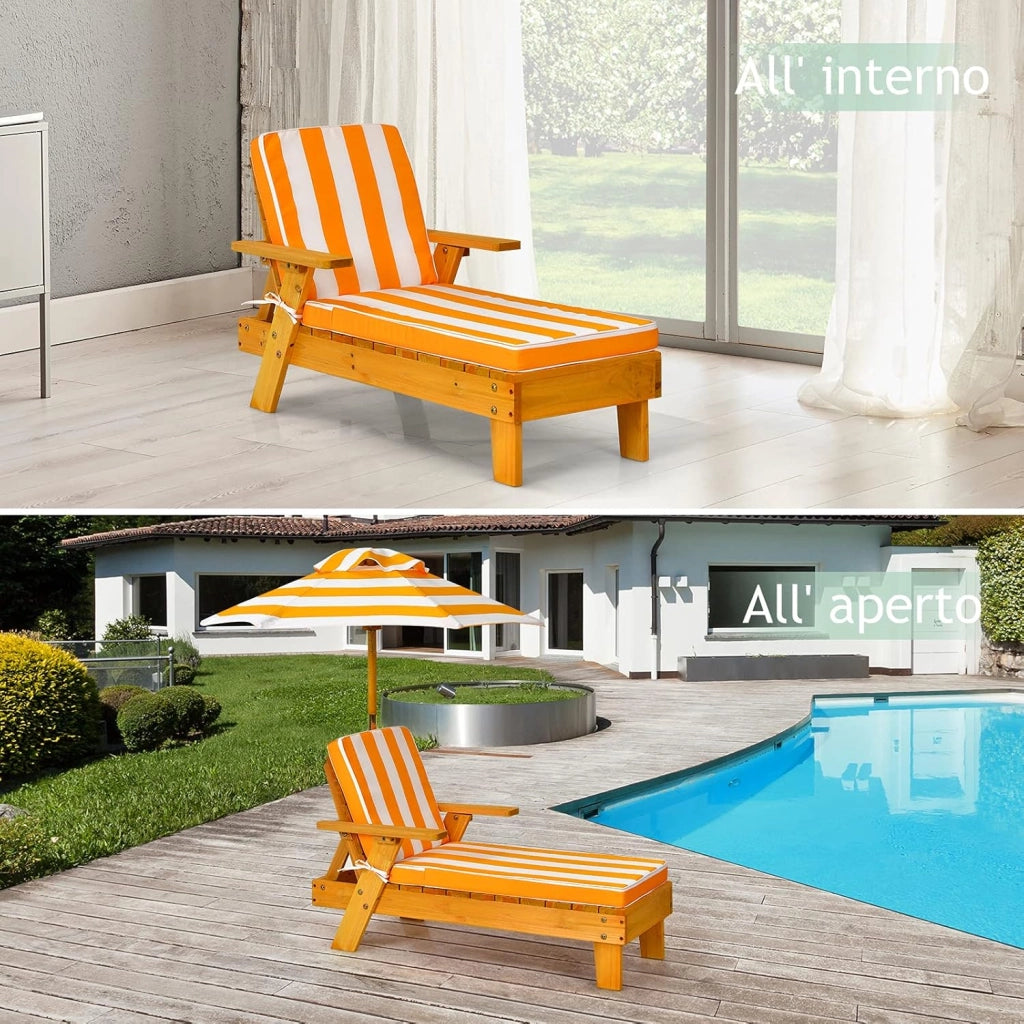 Chaise Longue da Esterno per Bambini, Poltrona di Legno con Ombrellone Smontabile, Sedia Portatile con Cuscino, Ideale per Bambini 3-8 Anni
