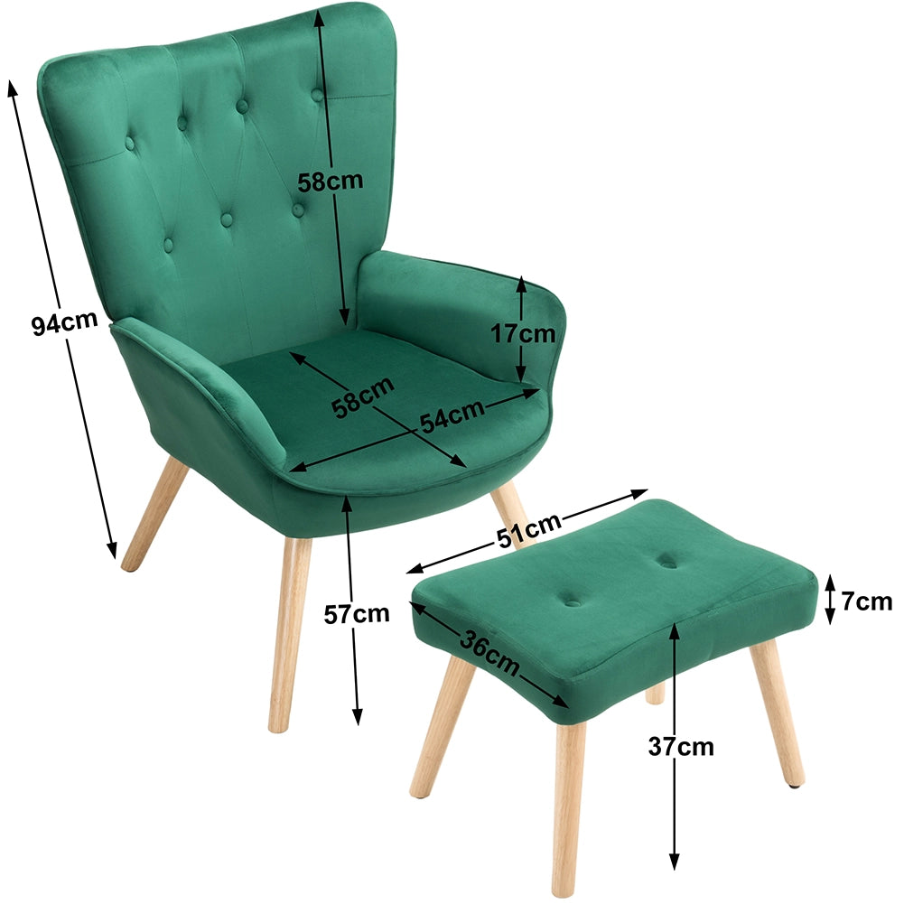 Poltrona Stile Scandinavo con Schienale Alto e Poggiapiedi In Velluto e Gambe in Legno Verde