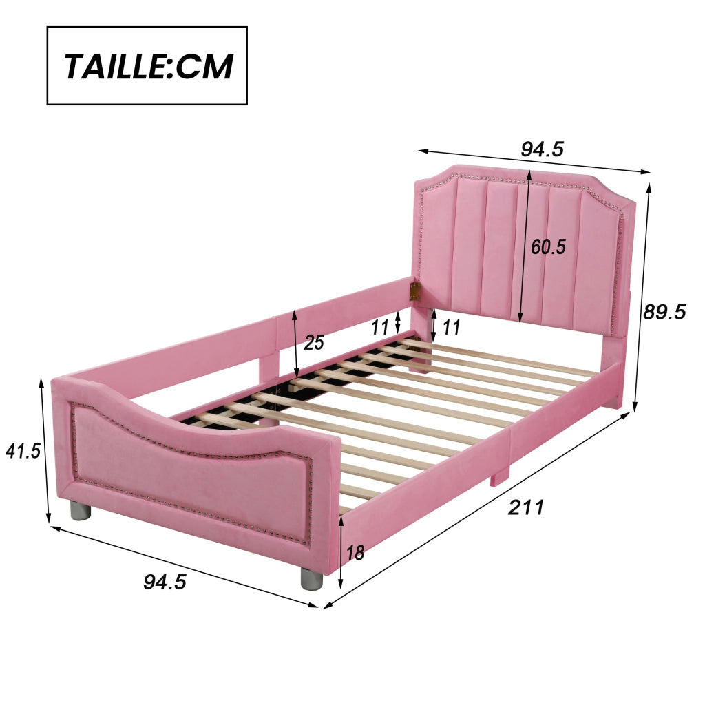 Letto per bambini 90×200 cm letto singolo con schienale; braccioli e doghe in legno; senza materasso; rosa