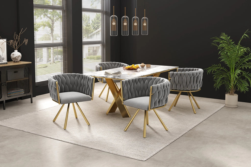 Sedie da pranzo set 4 girevoli con schienale ergonomico e seduta imbottita in velluto grigio e metallo oro