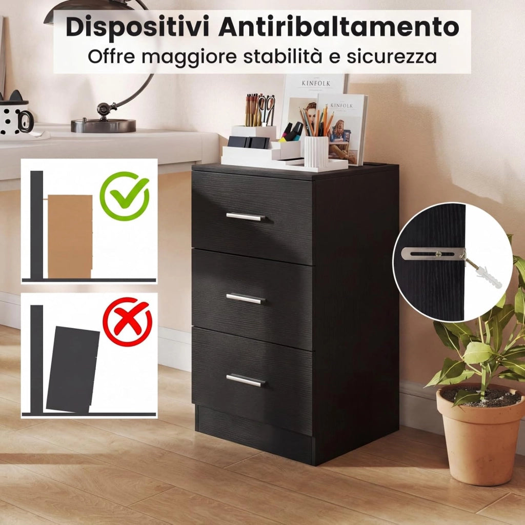 Comodino Camera da Letto 37 x 34 x 66,5cm, Cassettiera in Legno Moderno con 3 Cassetti, Mobile Salvaspazio per Soggiorno, Ufficio e Camerretta (2,Nero)