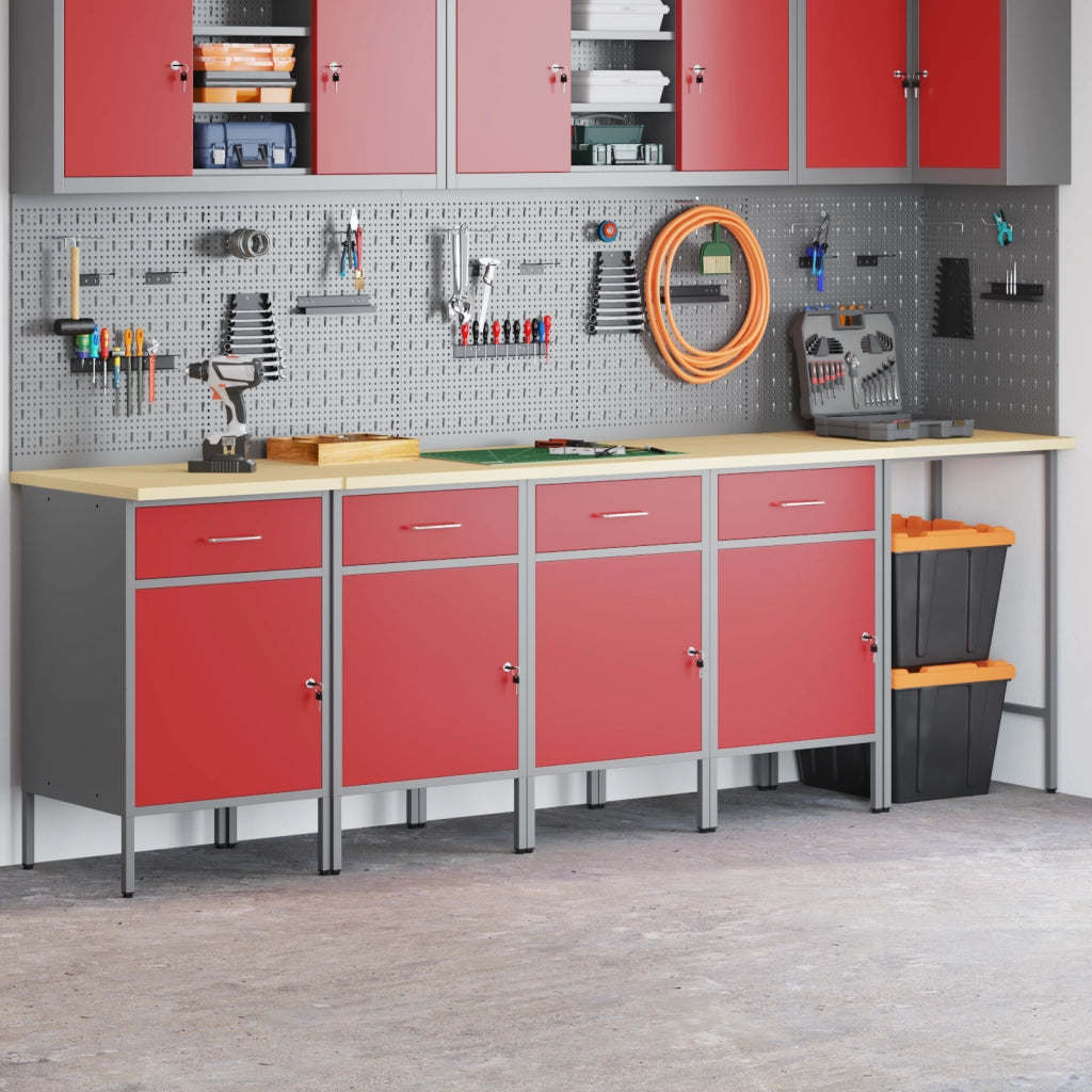 Set di 5 pezzi di armadio da lavoro e tavolo ad angolo in legno ingegnerizzato rosso
