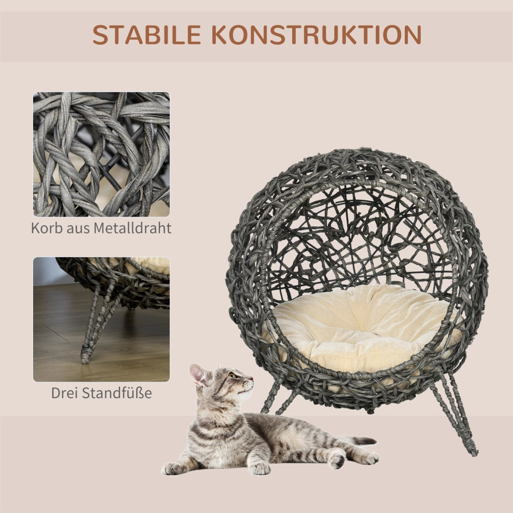 Casetta per Gatti in Rattan con Cuscini Grigio Argento ?52x58 cm ¨C zephmum