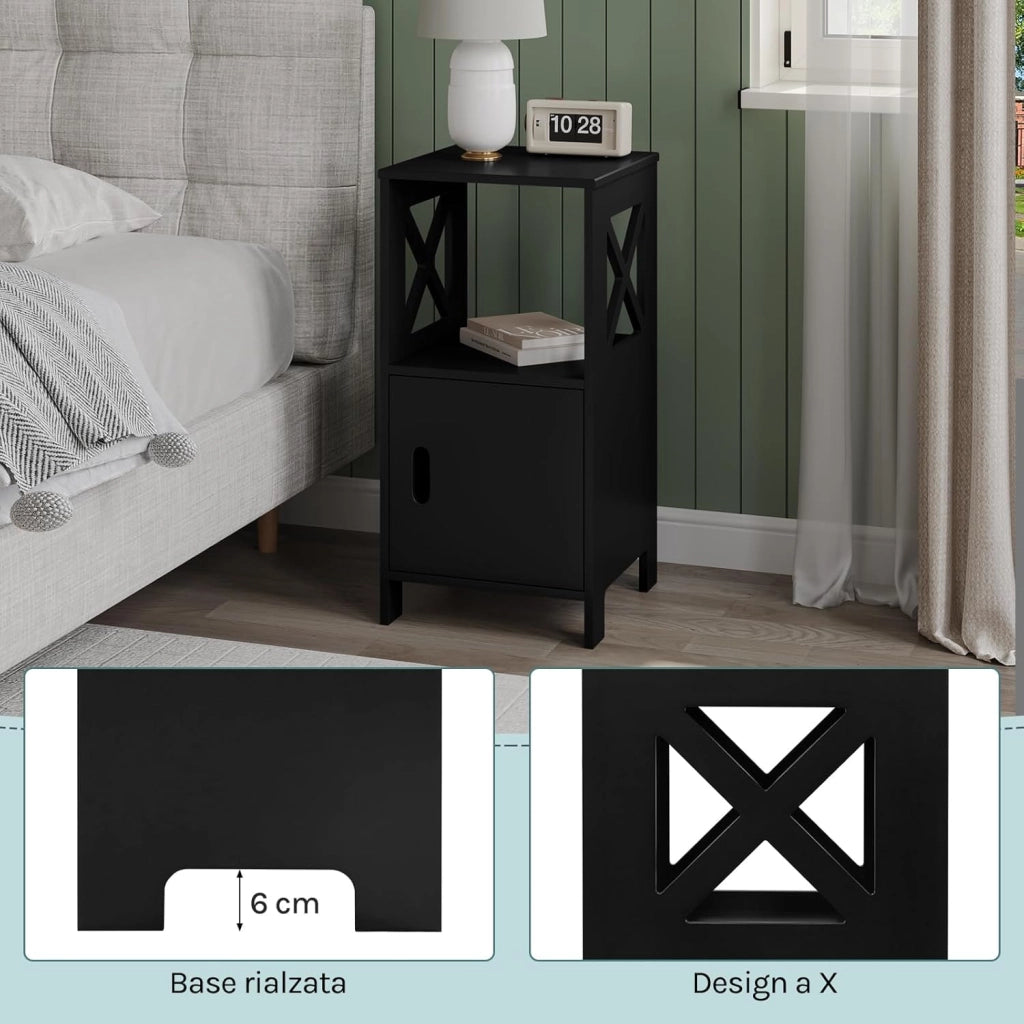 Comodino per Camera da Letto Stretto, Set di 2, Tavolino da Salotto, Nero, Piccolo, con 1 Vano Aperto e 1 Vano Nascosto, per Cameretta e Soggiorno, MDF, 30x30x60cm
