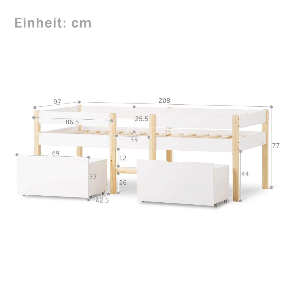 Letto a soppalco semi-alto per bambini 90x200 cm in legno massello di pino bianco