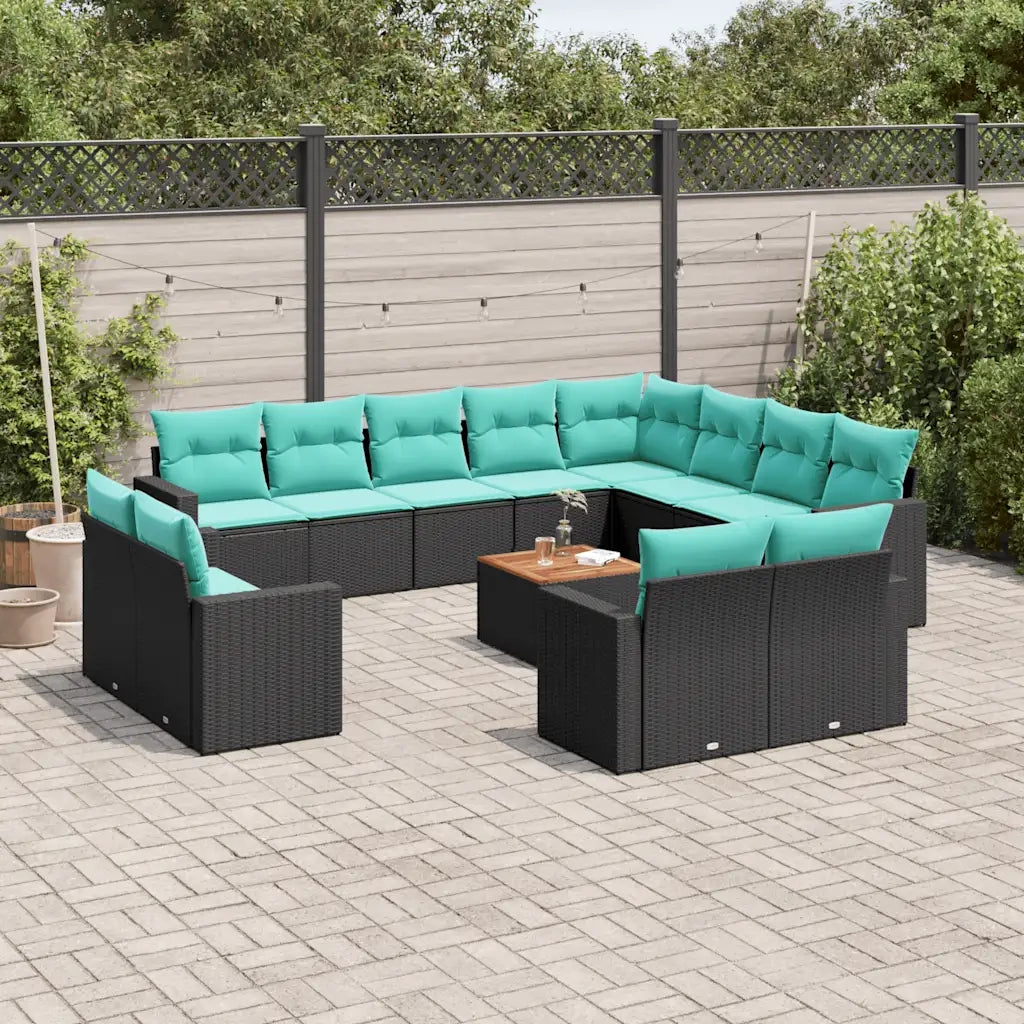 Set Divani da Giardino 13pz con Cuscini Nero in Polyrattan