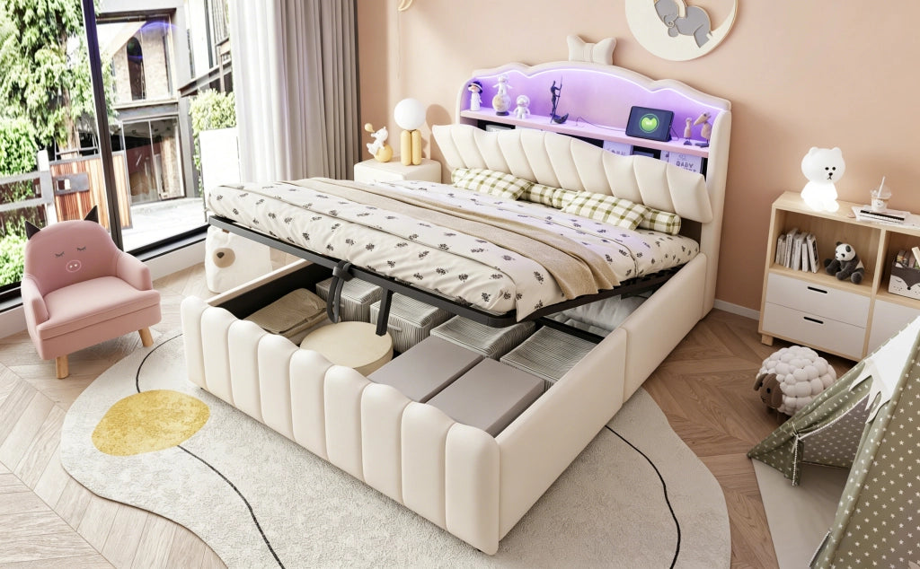 Letto per bambini 140 × 200 cm con contenitore idraulico, luci LED a colori, USB e USB-C, velluto beige, senza materasso
