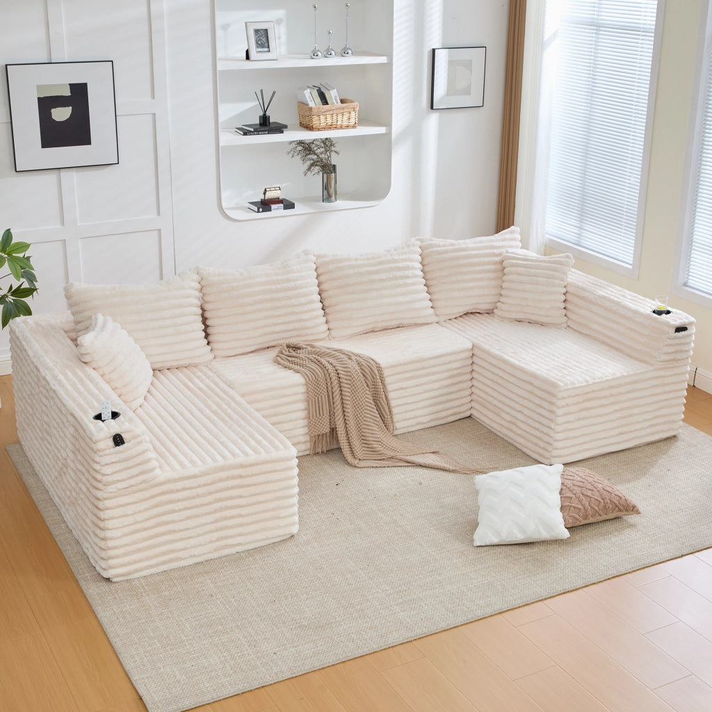 Divano panoramico a U modulare con portabicchieri, tasche laterali e 6 cuscini in velluto a coste beige