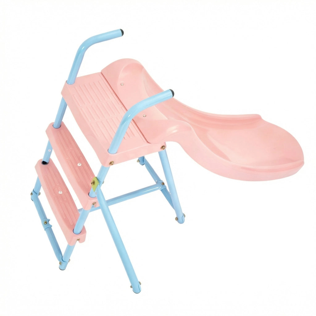 Area giochi per bambini con due altalene e scivolo per giardino in acciaio blu e rosa 120×40×26 cm
