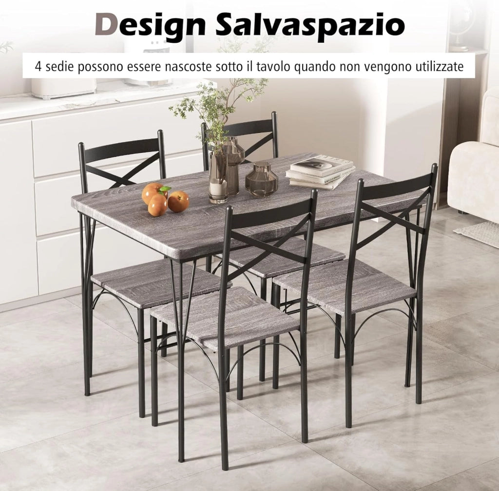 Set da Tavolo da Pranzo 5 Pezzi, Tavolo da Pranzo con 4 Sedie in Metallo, Set di Mobili da Cucina, Set da Pranzo per Cucina, Sala da Pranzo