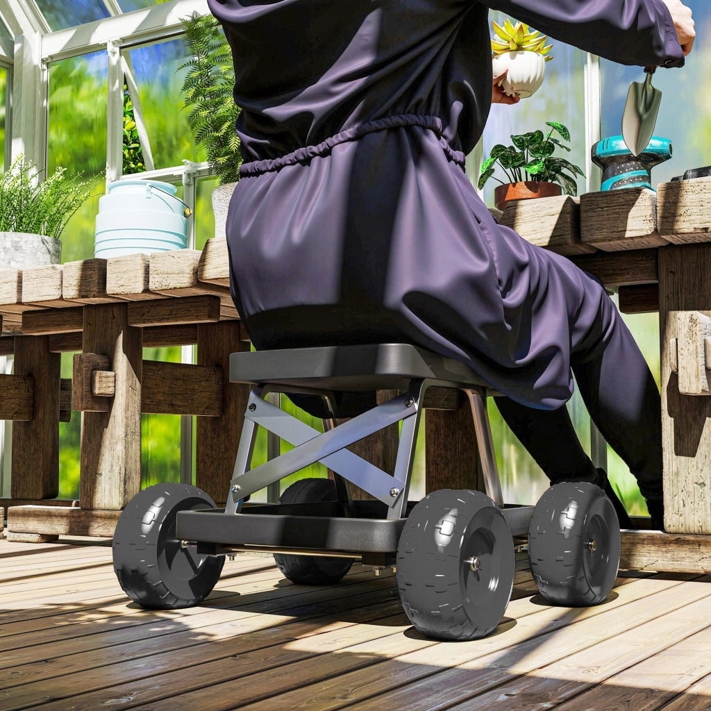 Sgabello da Giardino con Ruote e Vassoio ¨C zephmum ¨C Nero 50x49x32 cm