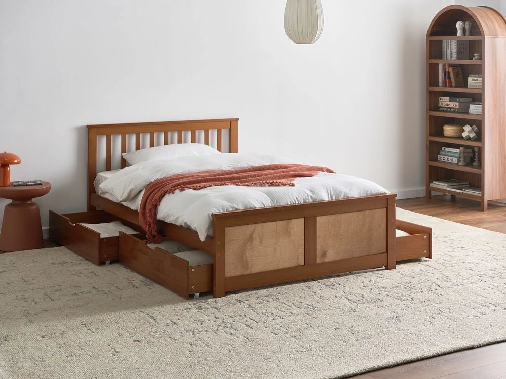 Letto matrimoniale in legno di pino e MDF 120 x 200 cm con contenitore a 4 cassetti marrone stile minimalista