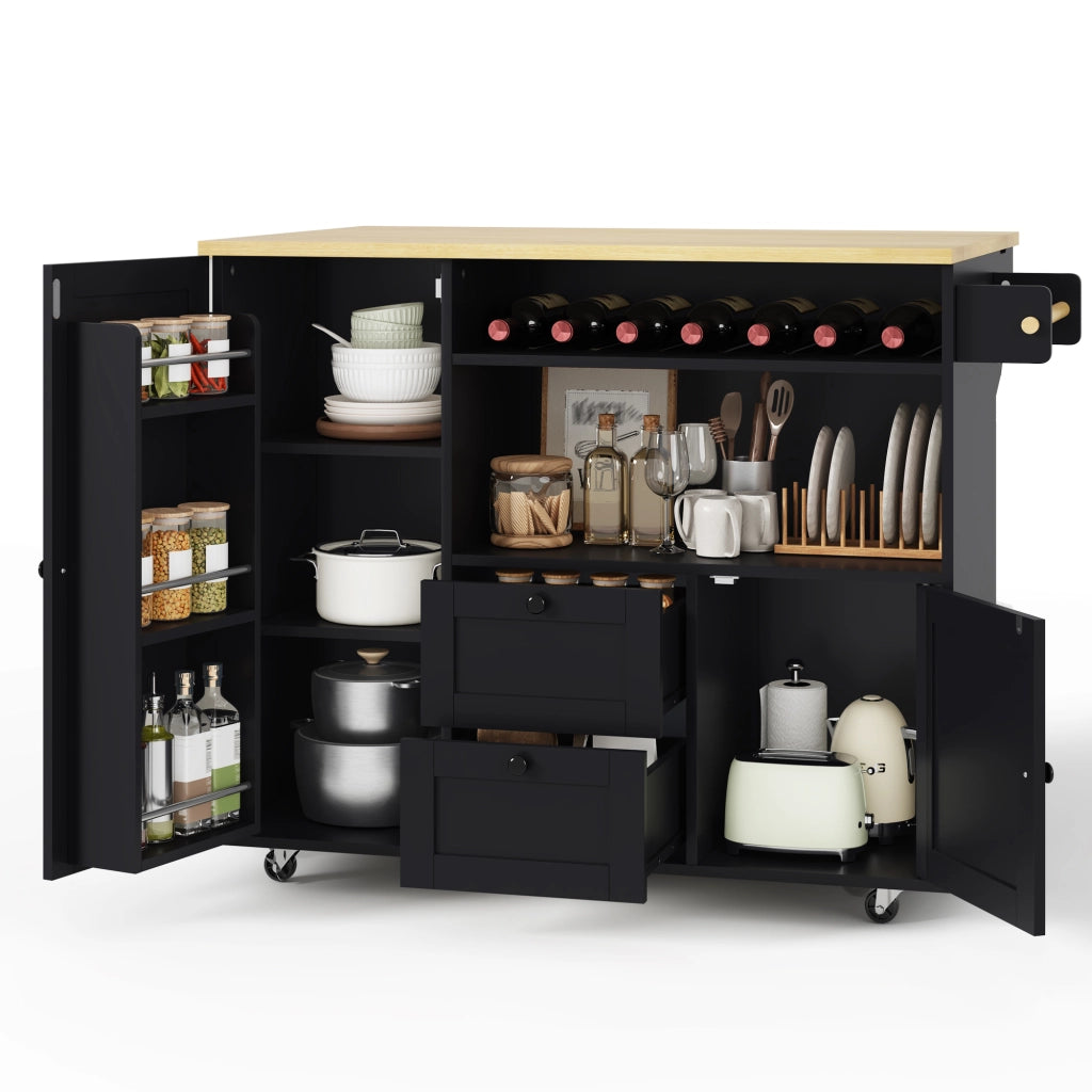Isola da cucina mobile con piano ribaltabile; cantinetta integrata e 2 cassetti; legno e nero; 104x45(69)x89 cm
