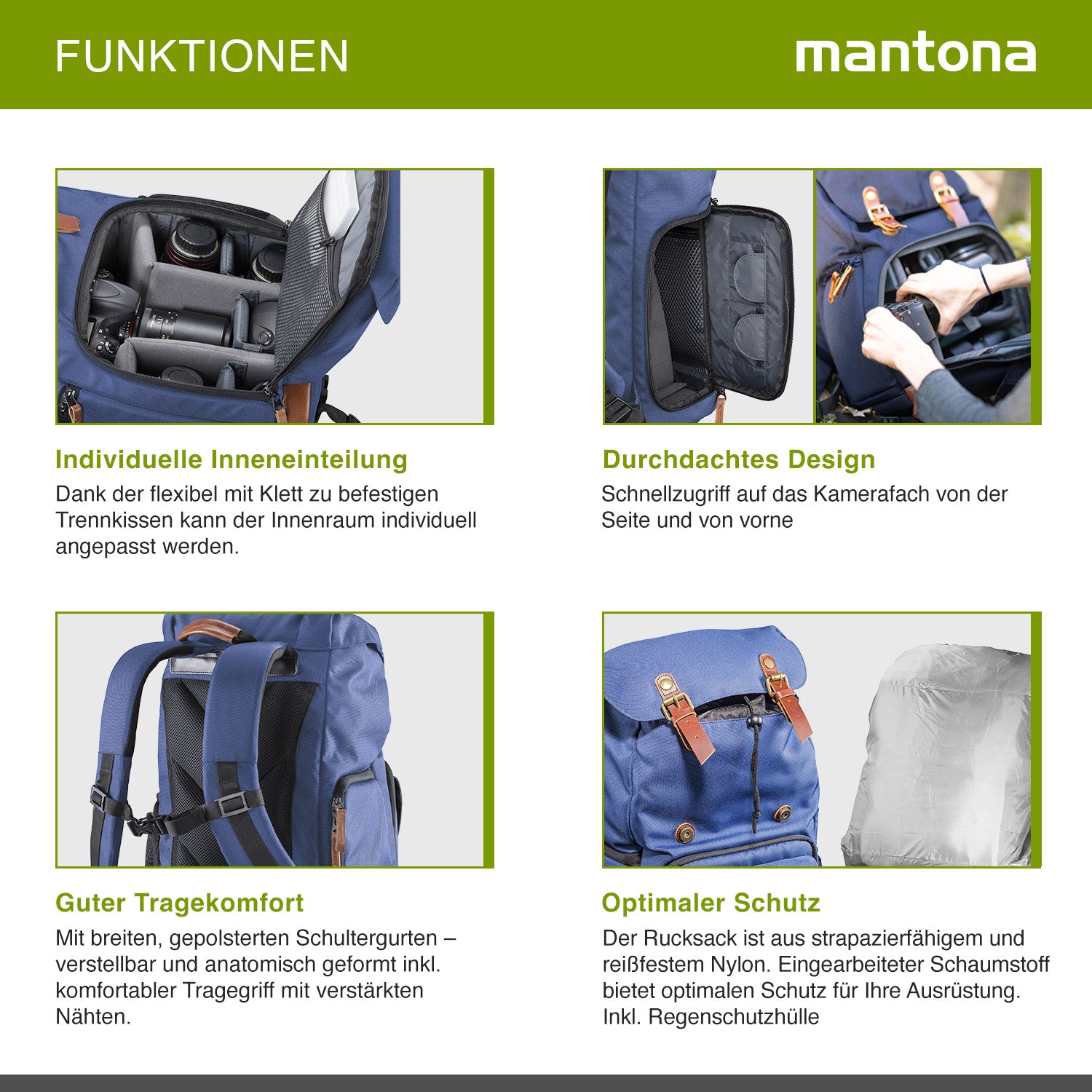 Mantona Luis Retro Zaino fotografico blu, per fotocamera con copertura antipioggia, borsa fotografica con scomparto per laptop, DSLR, 3 obiettivi e accessori fotografici