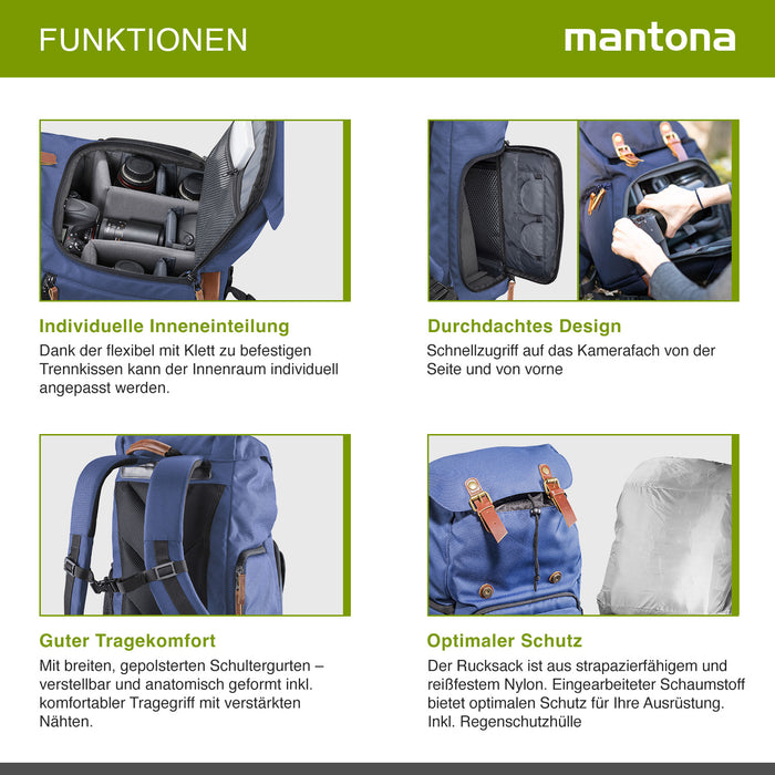 Mantona Luis Retro Zaino fotografico blu, per fotocamera con copertura antipioggia, borsa fotografica con scomparto per laptop, DSLR, 3 obiettivi e accessori fotografici