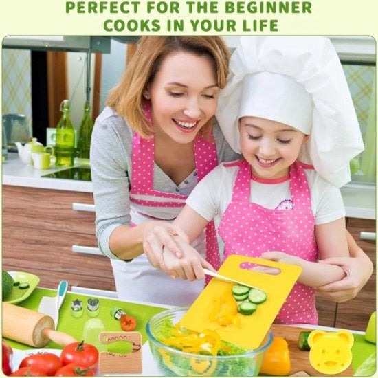 Set di cucina per bambini, 17 pezzi, imparare a tagliare per bambini piccoli, inclusa piastra di taglio, coltello a forma di coda di cavallo, schiacciasassi Y, ecc. articoli da cucina Montessori