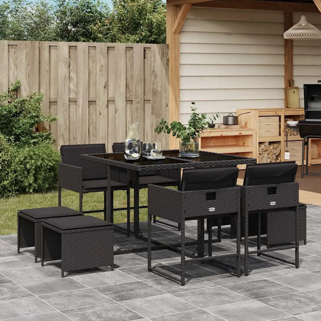 Set da Pranzo da Giardino 9 pz | Set Salotto da Giardino con Cuscini Nero in Polyrattan