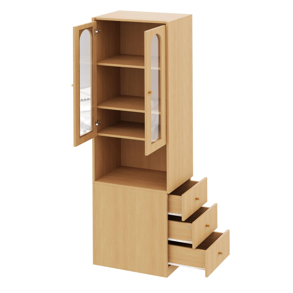 Libreria alta con 3 cassetti; vetrina in vetro e LED - per studio - 60 x 40 x 200 cm - rovere