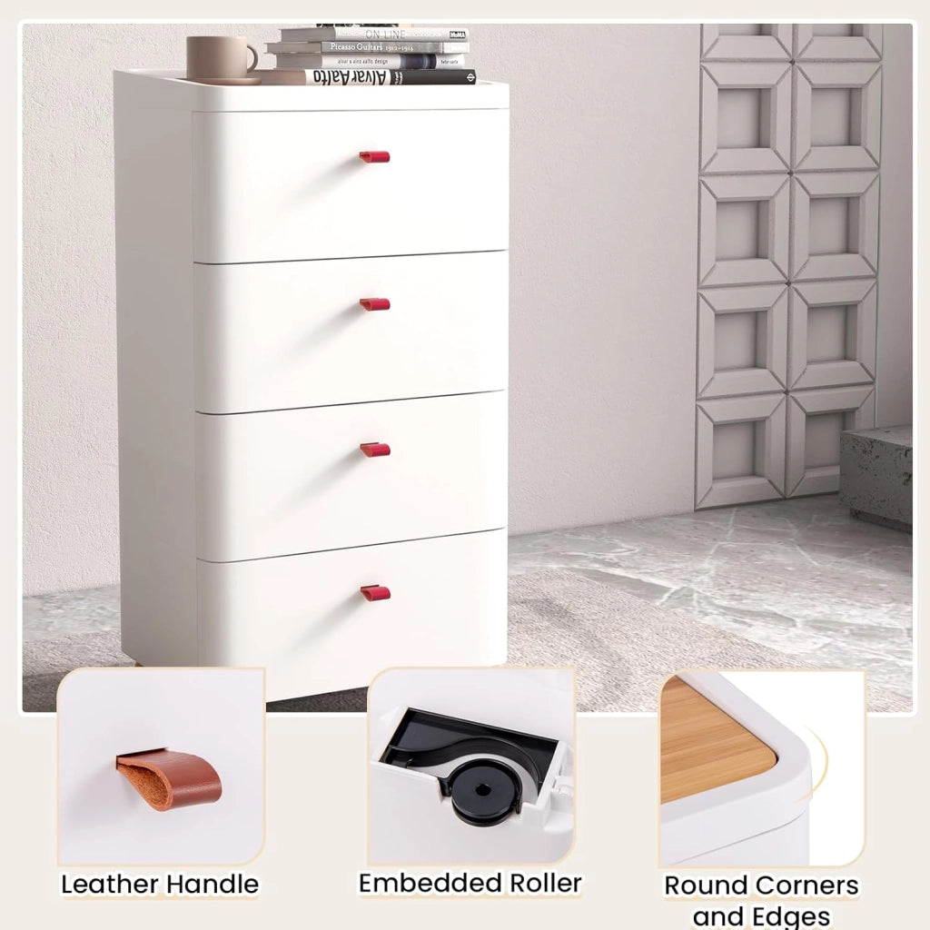 Cassettiera con 4 Cassetti con Vassoio Rimovibile e Gambe in Legno Massello, Cassettiera Camera da Letto in Legno, Armadietto per Soggiorno, Ufficio, Studio, 42 x 32 x 81,5 cm, Bianco