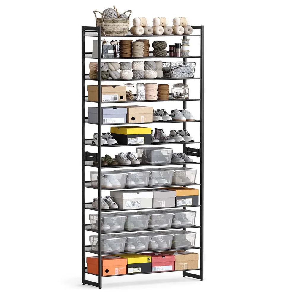 Scarpiera a 12 ripiani set di 2 scarpiere impilabili 6 file per 48-60 paia ampia capacità di stoccaggio rete metallica ripiani regolabili nero 12_0005815