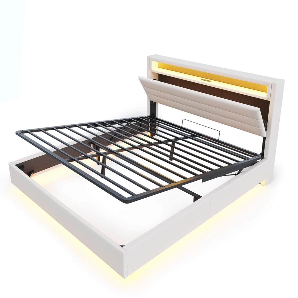 OKWISH Letto Contenitore 160×200 cm, Letto Matrimoniale con USB, LED Regolabile e Testiera Reversibile, senza Materasso, in Tessuto, Beige