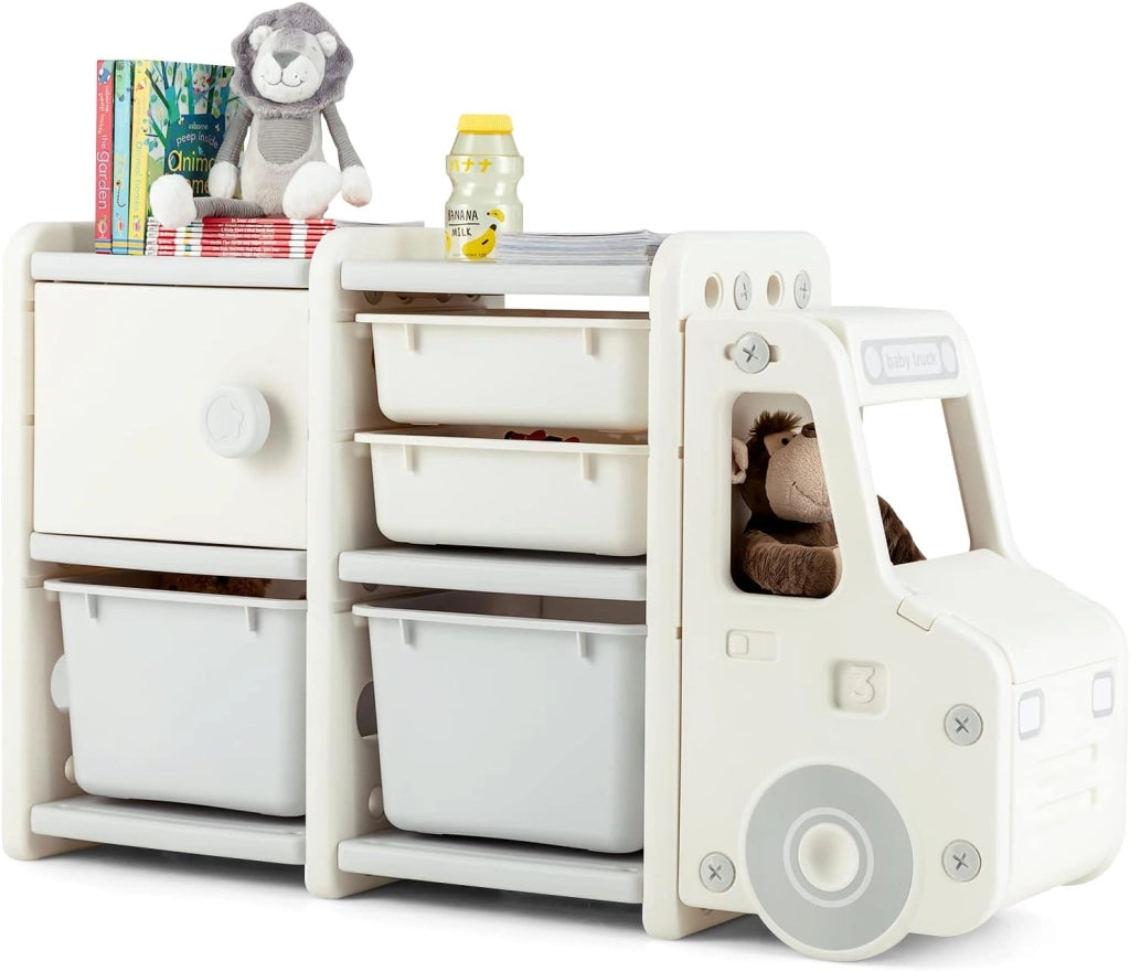 Organizer per Giocattoli con Scatole per Bambini, Scaffale Multilivello in HDPE a Forma di Camion, Scaffale per Giocattoli con 2 Livelli e 4 Scompartimenti per Bambini