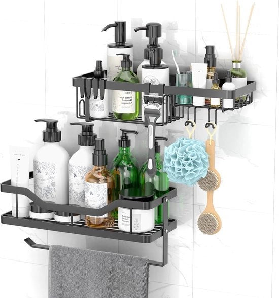 Scaffale Bagno per Doccia Organizzatore Bagno senza Fori Organizzatore Cucina Accessori Bagno per la Conservazione e l'Organizzazione Scaffale per Doccia Mat Zwart
