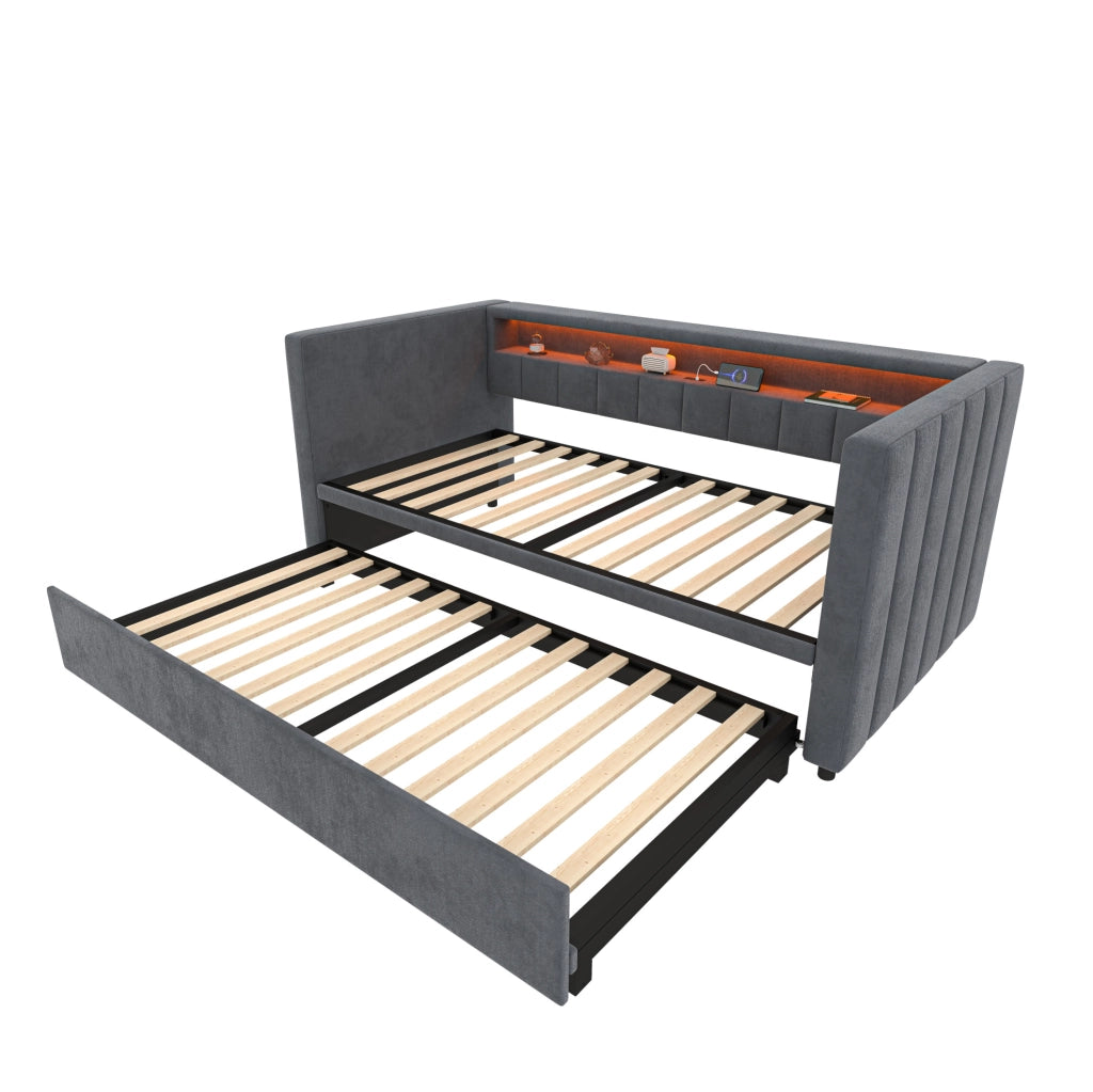 Letto estraibile 90x190 cm con LED e USB-Type-C in velluto grigio scuro