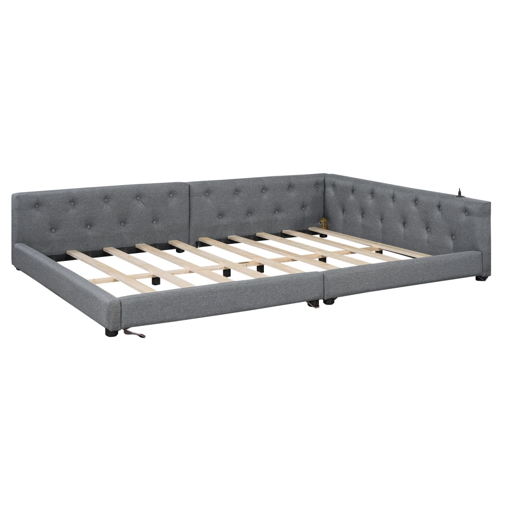DESMIU Letto a giorno 140 × 200 cm 2 posti con USB, Type-C e LED, senza materasso, in lino, grigio