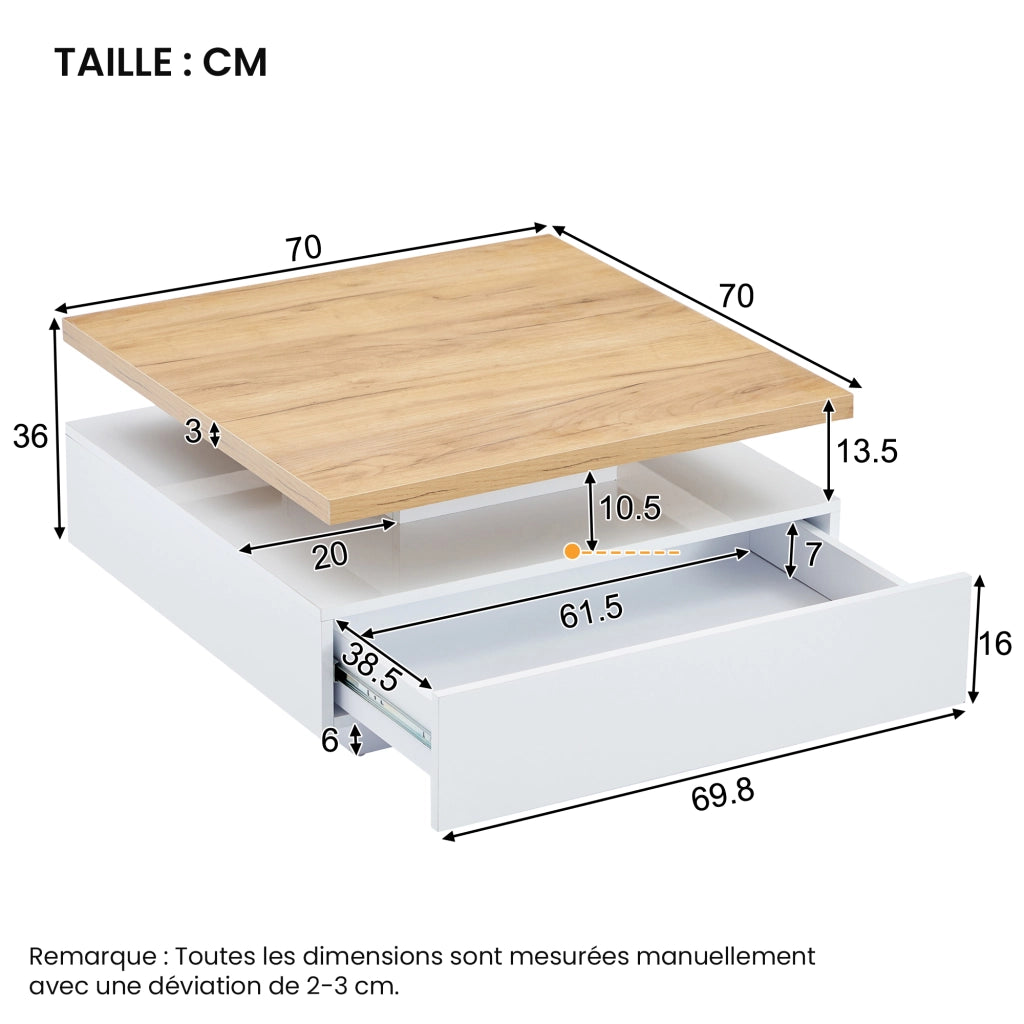 Tavolino basso con piano girevole 360° e cassetto, finitura lucida, in truciolato, noce e bianco, 70 × 70 × 36 cm