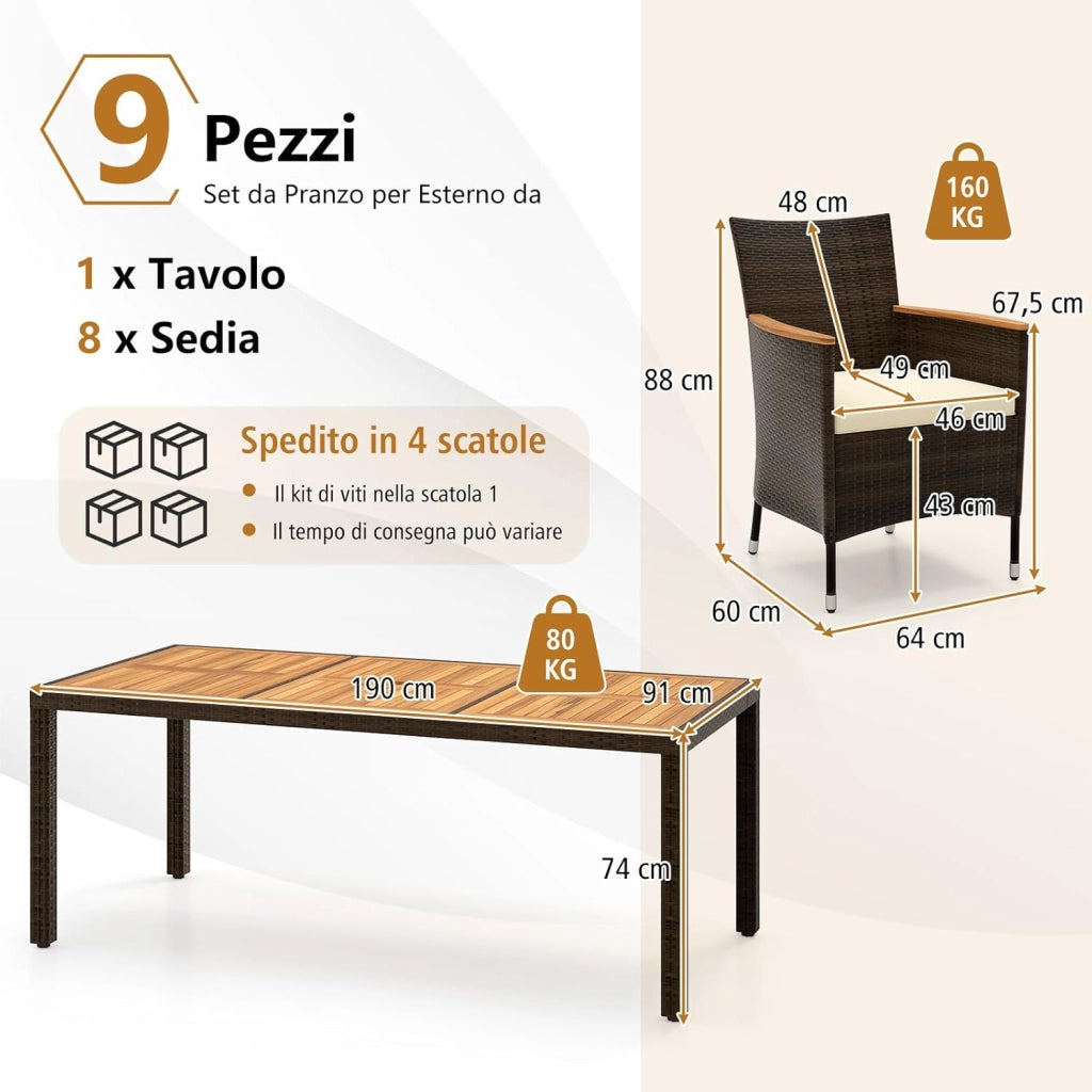 9 Pezzi Set di Mobili da Giardino, Set di Mobili in Rattan PE con Cuscini Rimovibili, 8 Sedie Impilabile e 1 Tavolo, per Giardino Piscina e Cortile