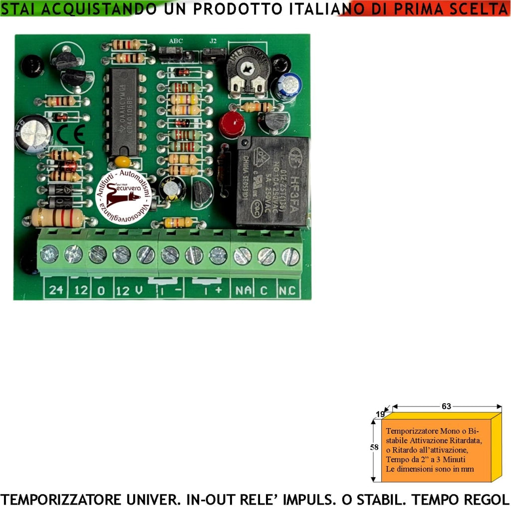 Temporizzatore Universale Tempo Regolabile IN-OUT Uscita Relè 2 A Mono Bistabile Ritardo al Comando Oppure Ritardato Utile Per Sirena Antifurto Ciclo Lavorazione Lavaggio Aliment. 12 Vac Assorb. 50 mA