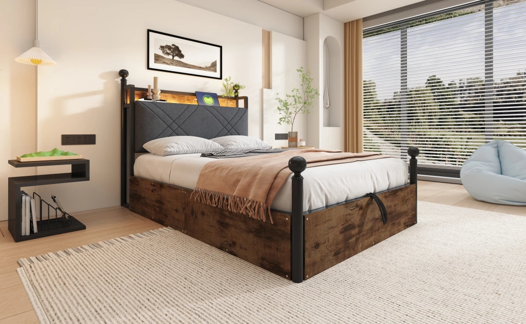 DESMIU Letto singolo 90 × 190 cm 1 posto con vano contenitore, LED, USB e Type-C, senza materasso, nero