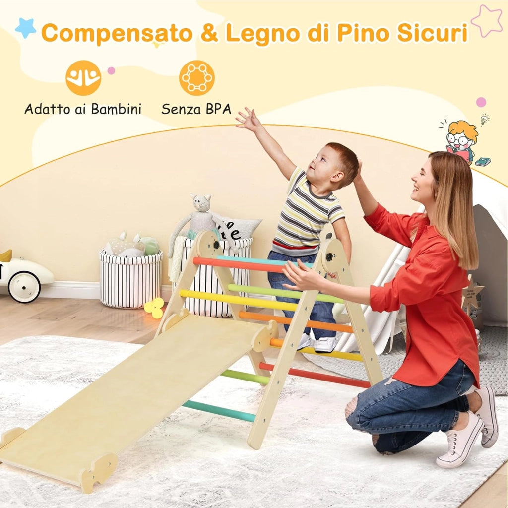 3 in 1 Set da Arrampicata per Bambini, Giocattoli da Arrampicata Triangolari Pieghevoli, Altezza Regolabili, con Scivolo/Rampe da Arrampicata, Carico 60 kg (Colorato)