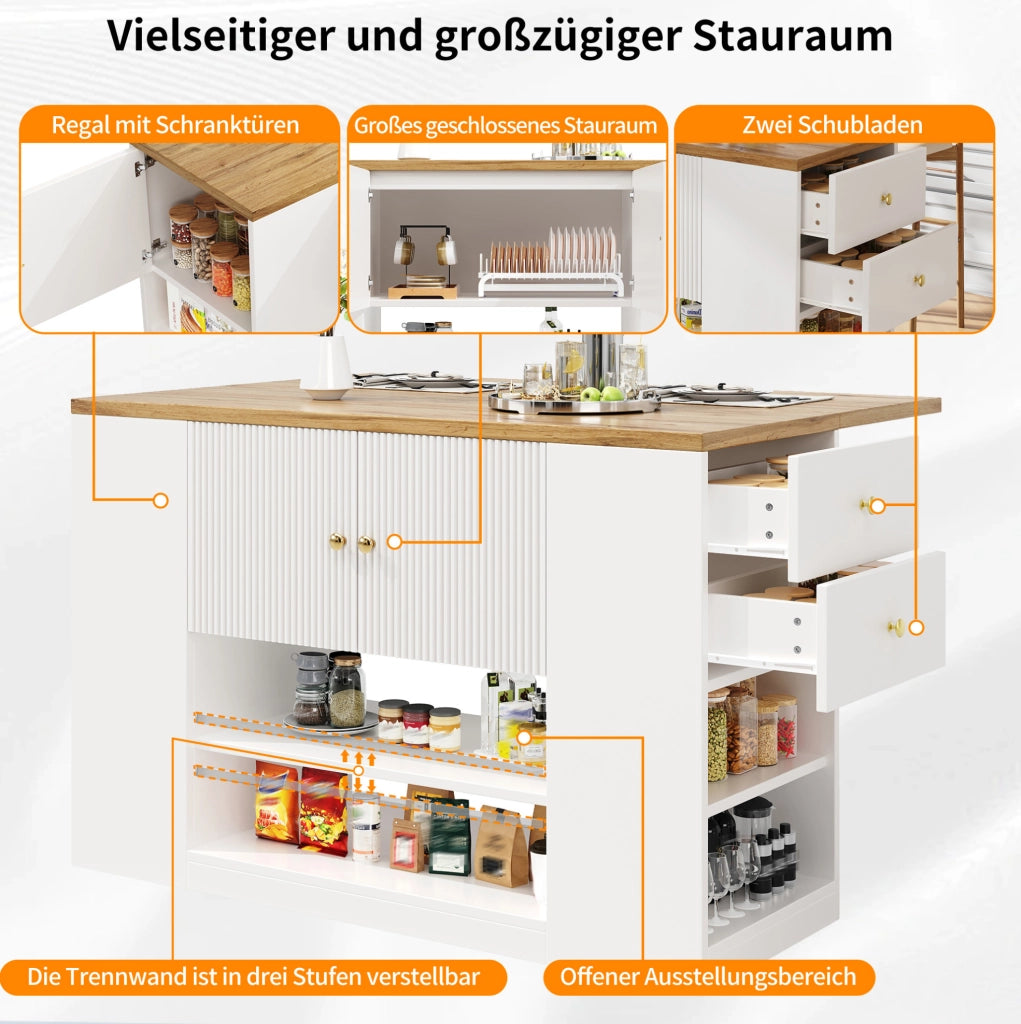 Isola cucina pieghevole 140x70 cm con contenitore bianca
