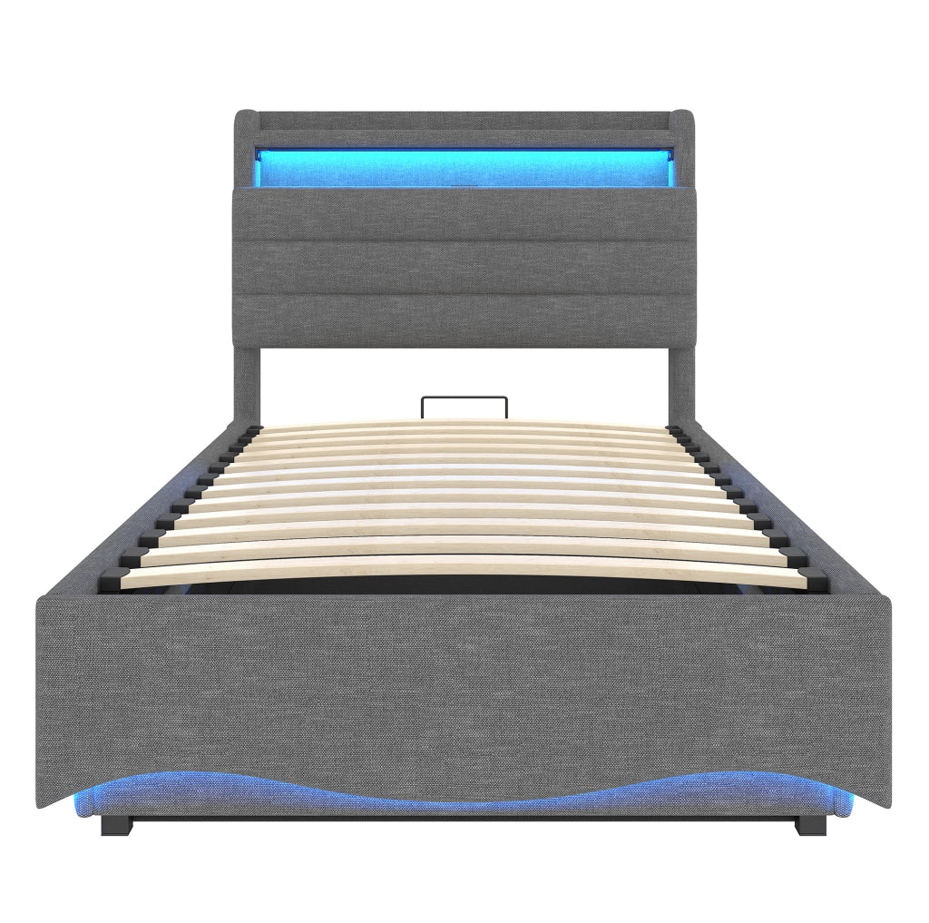 Letto imbottito 90x200 cm con LED; contenitore idraulico; USB e Type-C in lino grigio