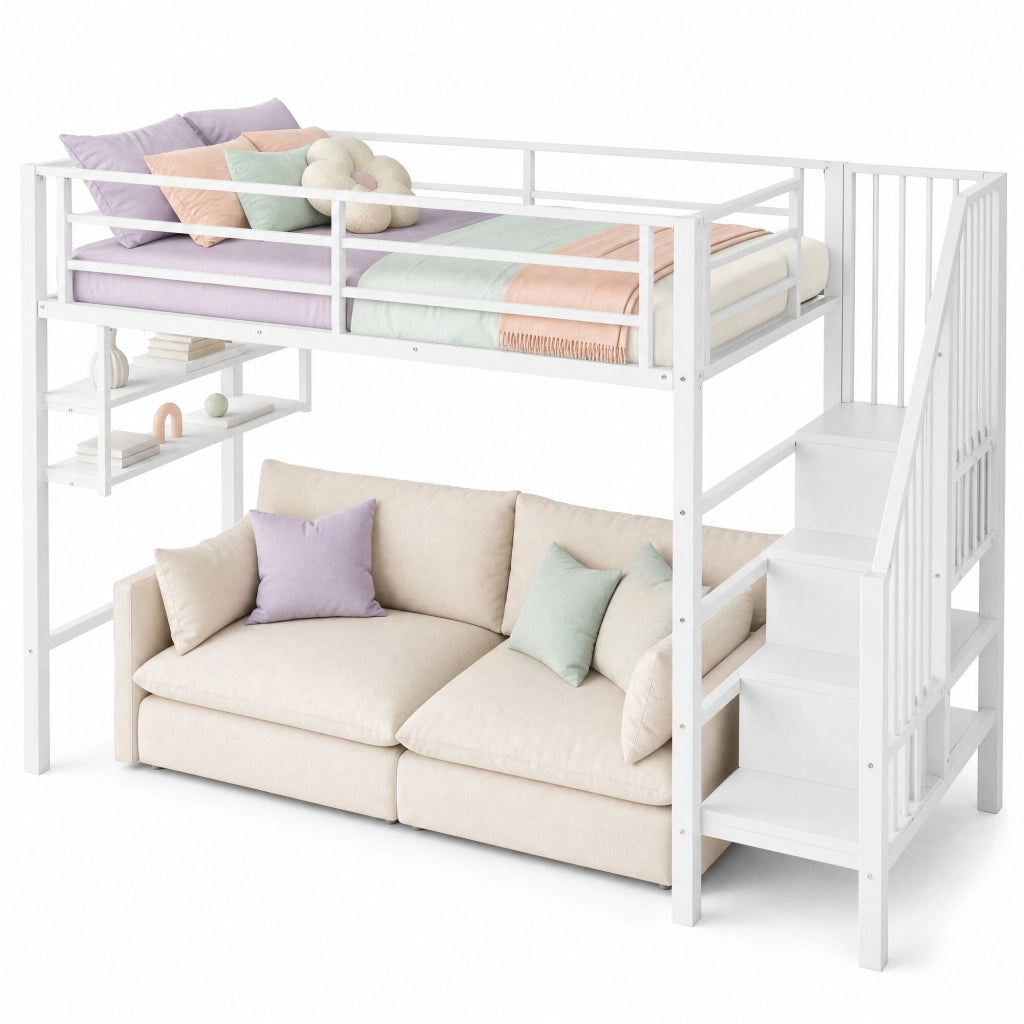 Letto a soppalco per bambini 90x200 cm con scaffali e scala contenitore; bianco; in metallo e MDF