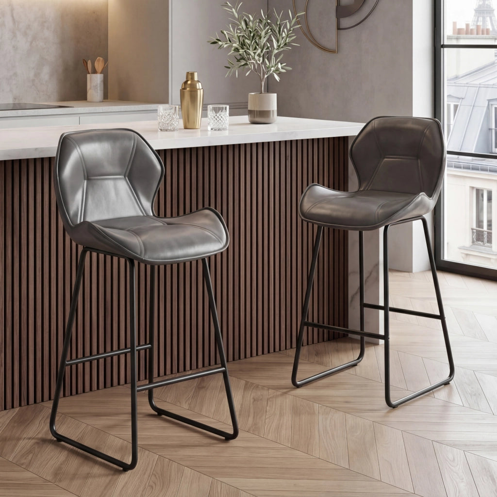SGABELLO BAR Set da 2 pezzi in similpelle grigia con schienale e poggiapiedi
