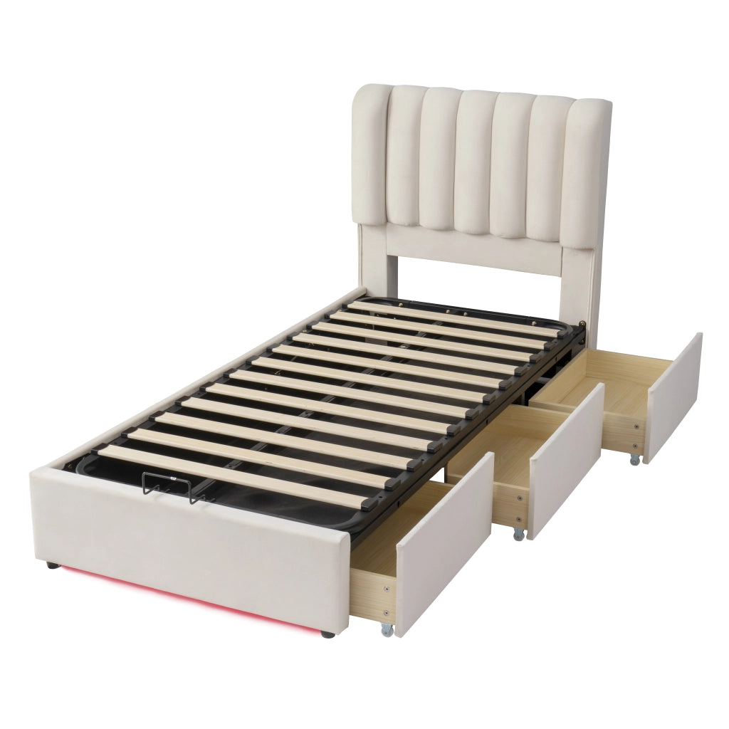 Letto con Cassetti 90 x 200 cm; Letto Singolo - Contenitore; 3 Cassetti e LED - Beige