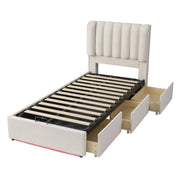 Letto con Cassetti 90 x 200 cm; Letto Singolo - Contenitore; 3 Cassetti e LED - Beige