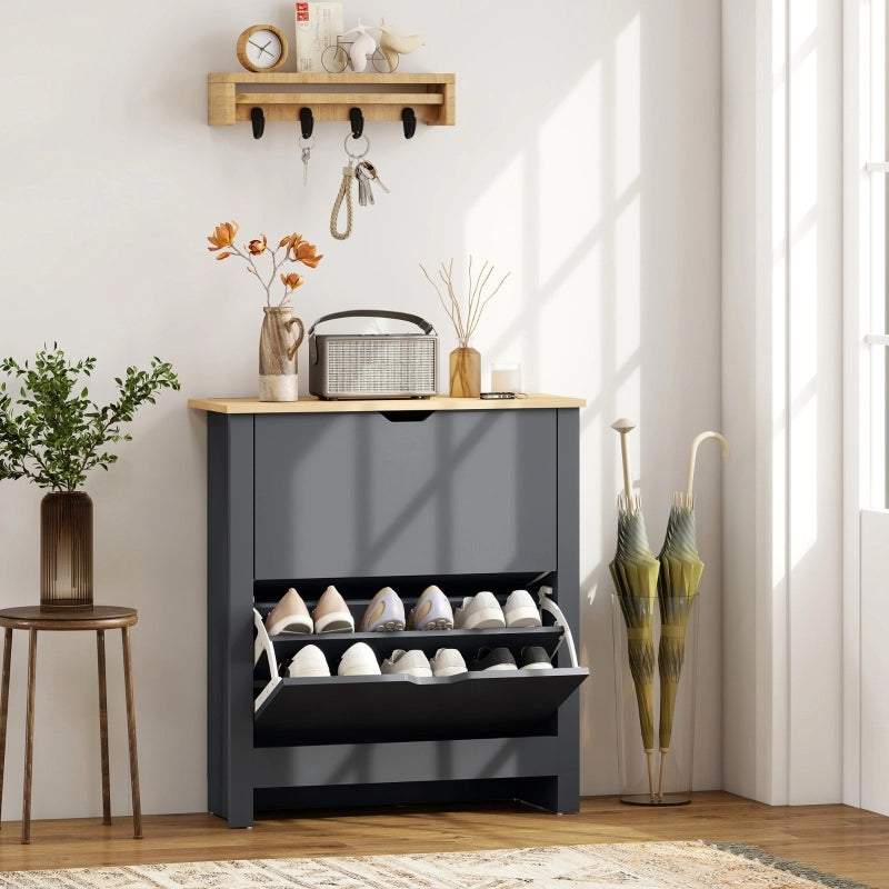 Scarpiera con 2 ante ribaltabili, per ingresso e camera da letto, in legno, grigio scuro, 72 × 26 × 80 cm